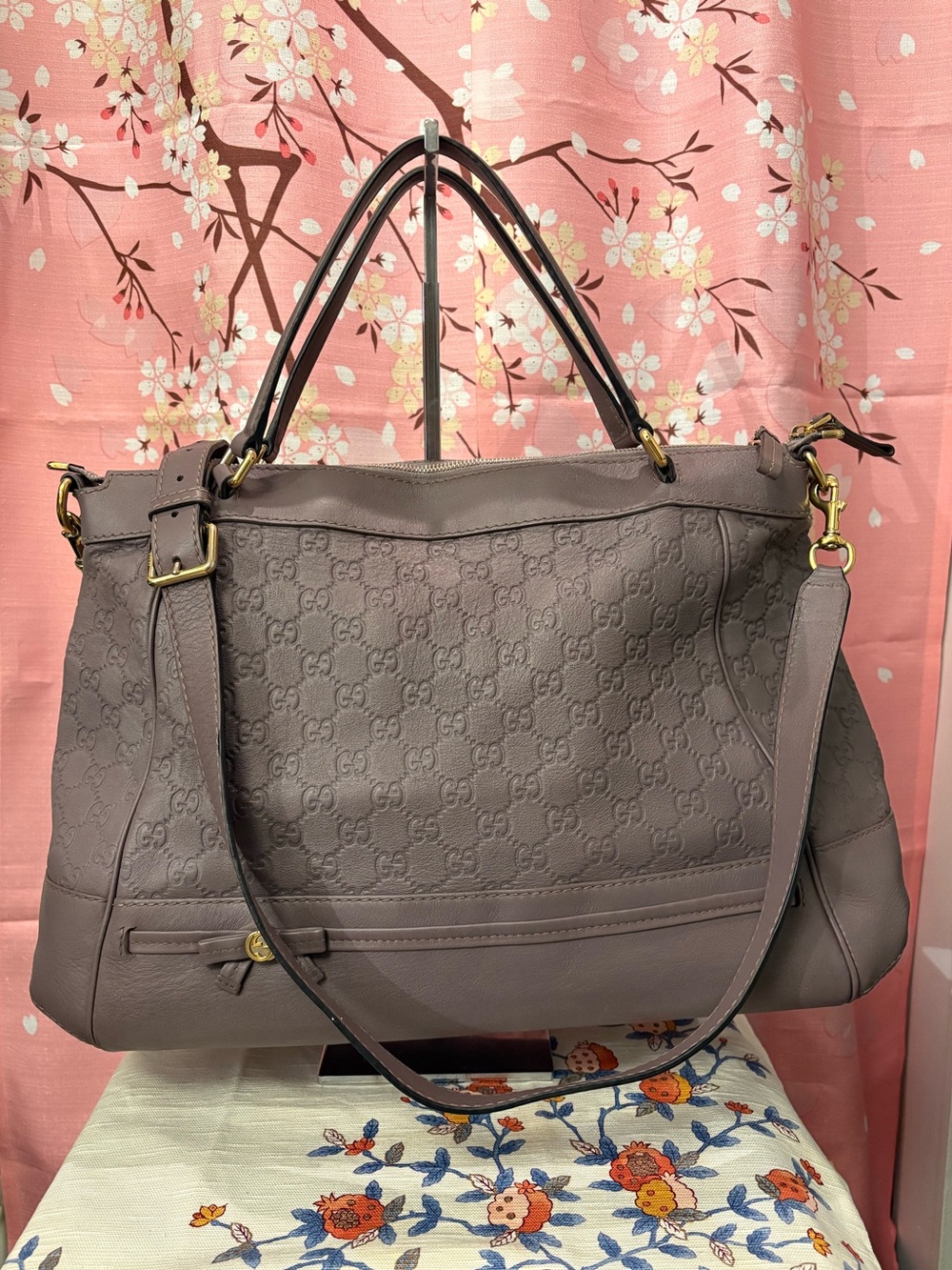 Gucci Guccissima Leather Mayfair Bow Large Tote Bag Mauve/Lavender